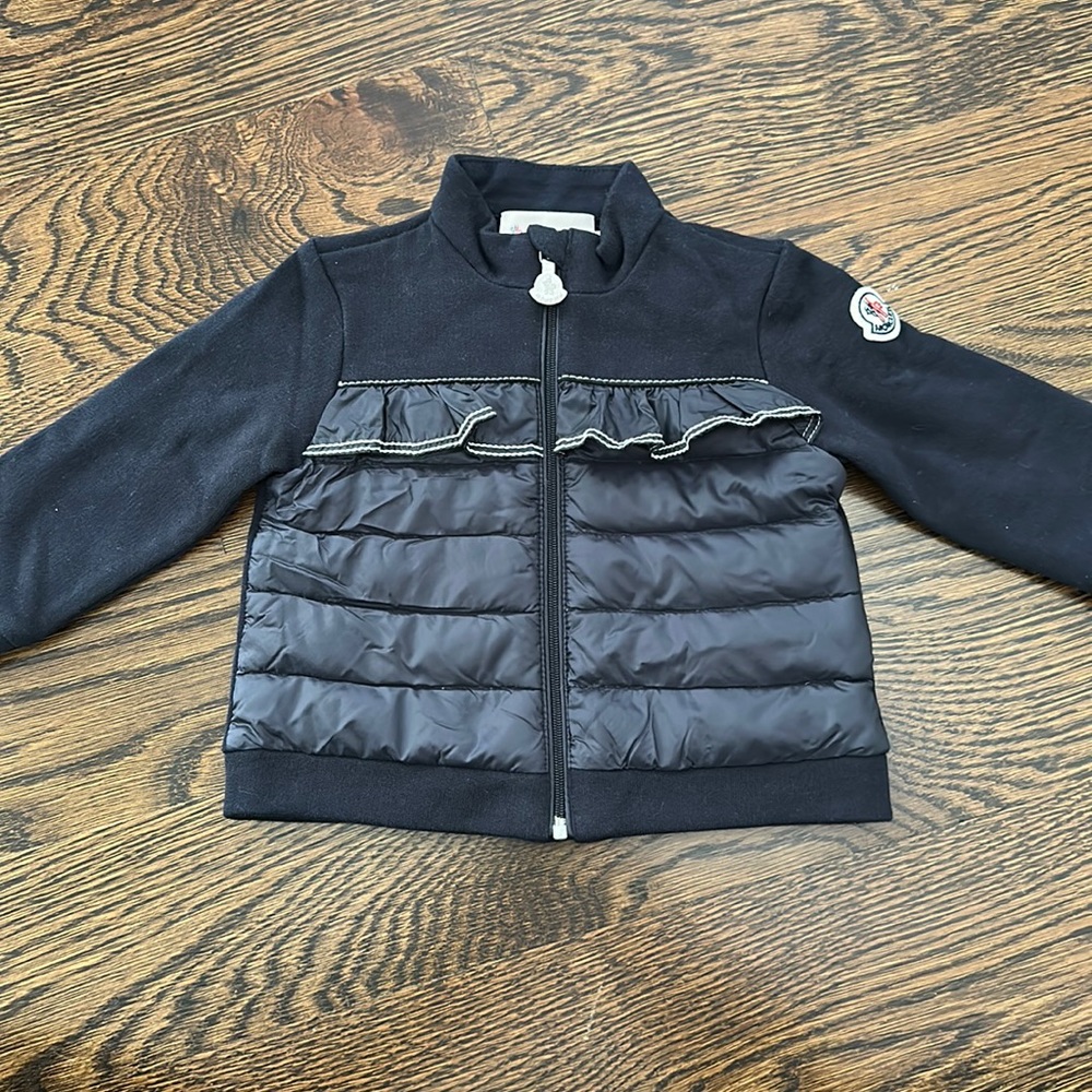 Moncler kids baby lightweight jacket with down front and ruffle. 9-12mo